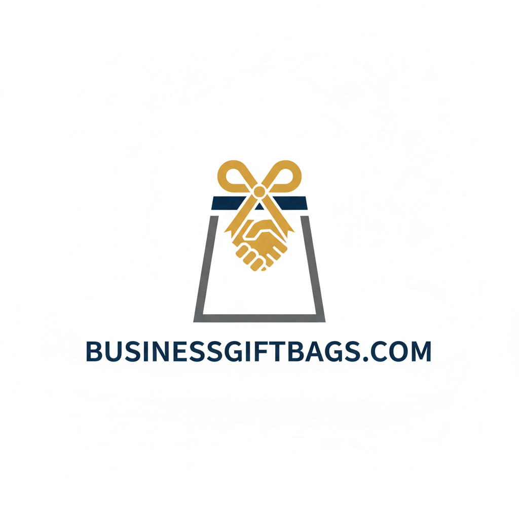 Logo for BusinessGiftBags.com featuring a bag with a bow and handshake on a white background.