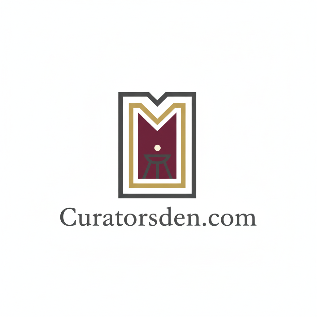 Logo of Curatorsden.com with a stylized image of a mask in a frame on a white background.