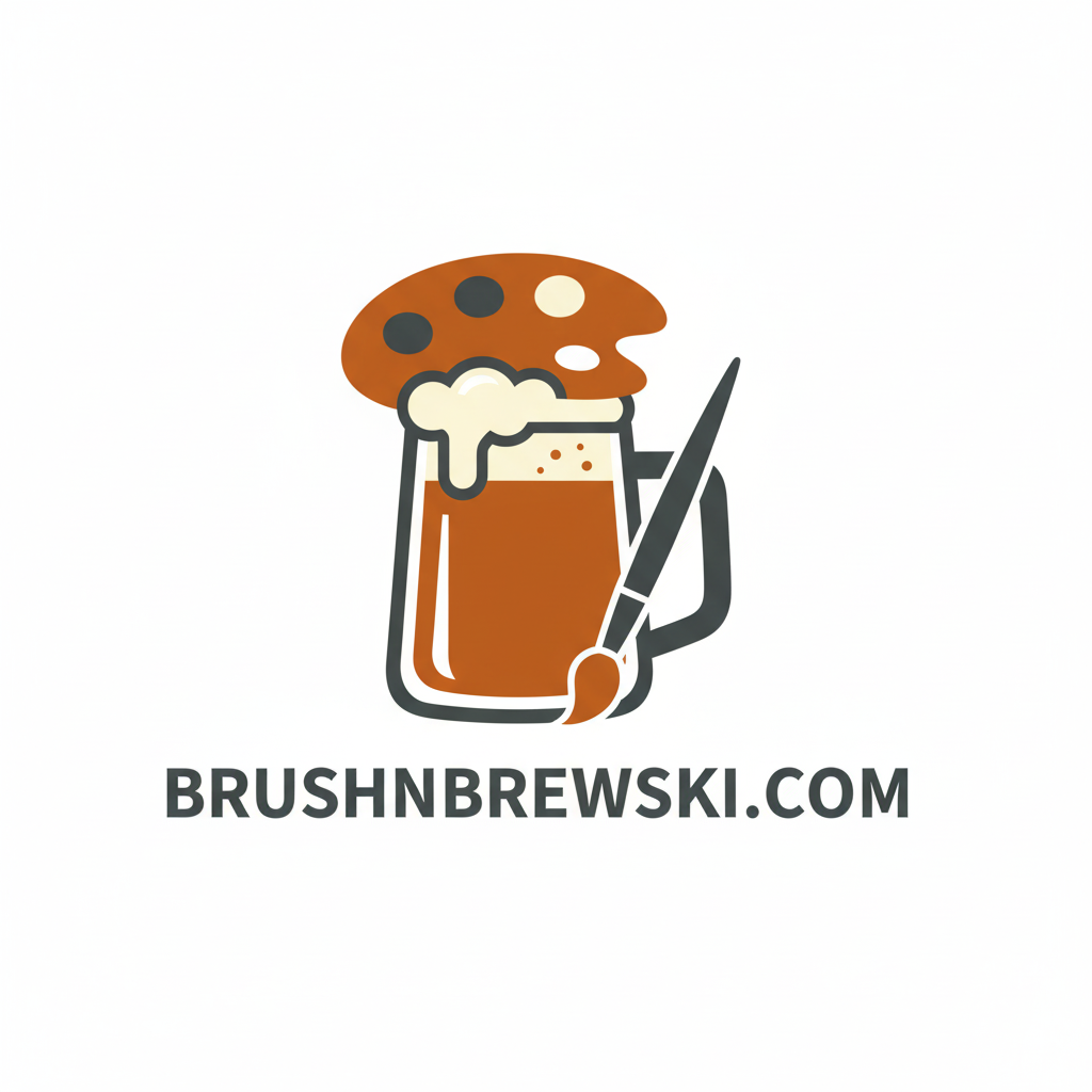 Logo with a mug of beer, paint palette, and brush with 'BRUSHNBREWSKI.COM' text on a white background