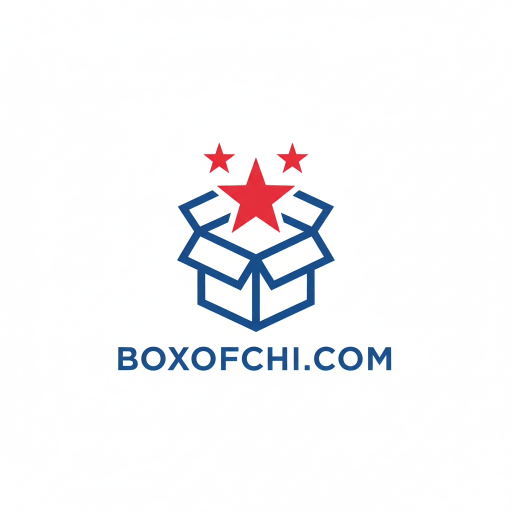 Logo of Boxofchi.com with a box and stars on a white background