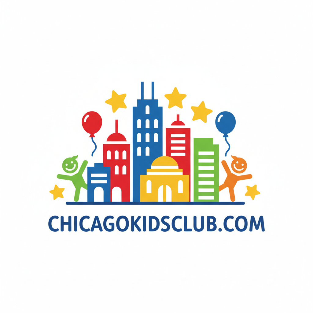 Colorful logo of Chicago Kids Club with buildings and children on a white background
