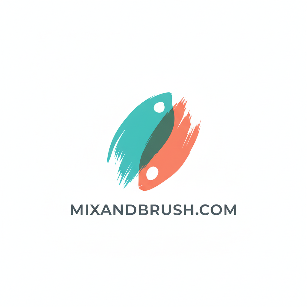 Logo with two overlapping brush strokes, one teal and one orange, on a white background with 'MIXANDBRUSH.COM' text.