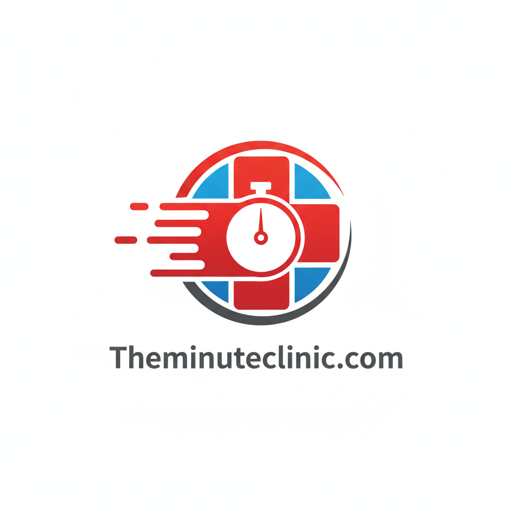 Logo of The Minute Clinic with a red and blue design on a white background