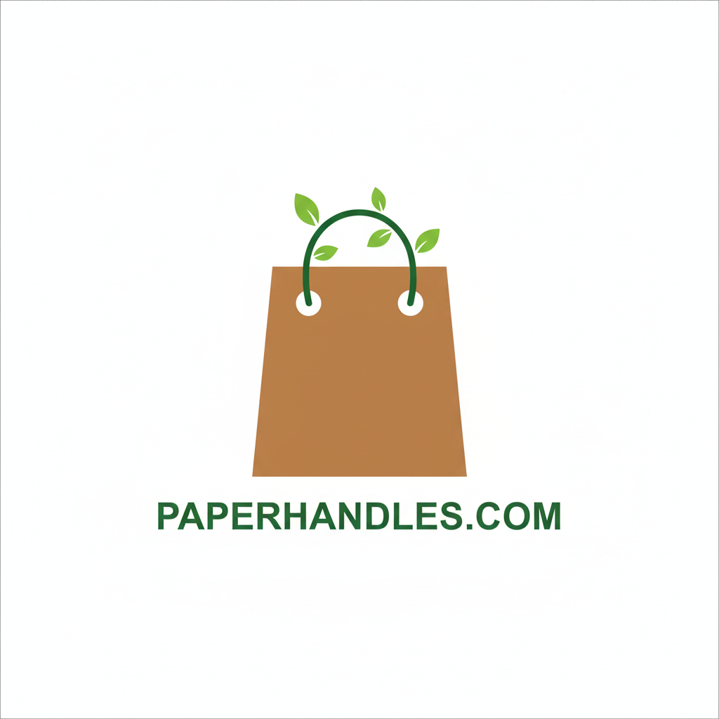 Logo of a paper bag with green handles and leaves on a white background, featuring the text 'PAPERHANDLES.COM'.