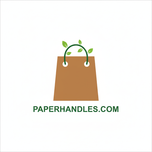 Logo of a paper bag with green handles and leaves on a white background, featuring the text 'PAPERHANDLES.COM'.