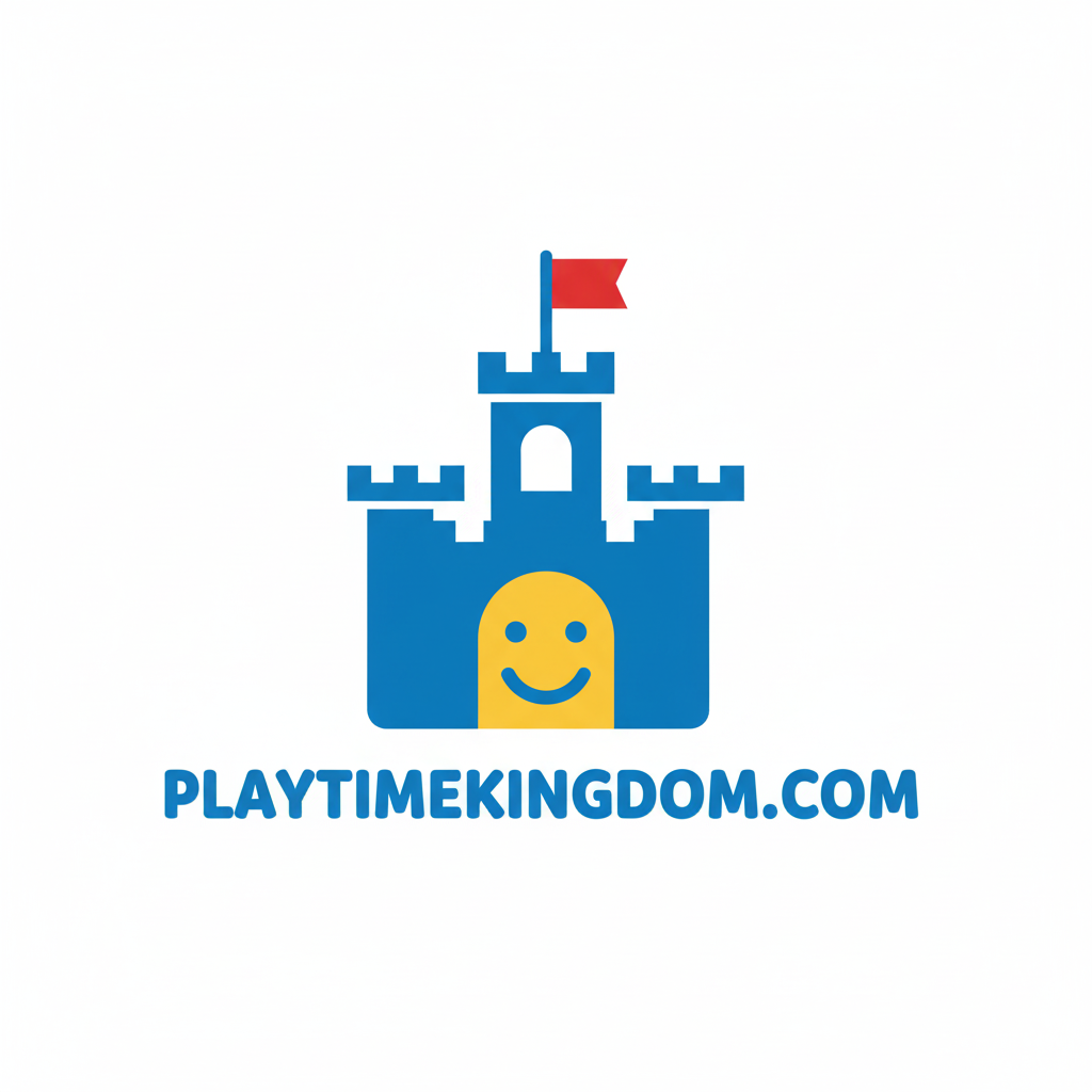 Logo of a blue castle with a yellow door and red flag, featuring the text 'PlaytimeKingdom.com' on a white background.