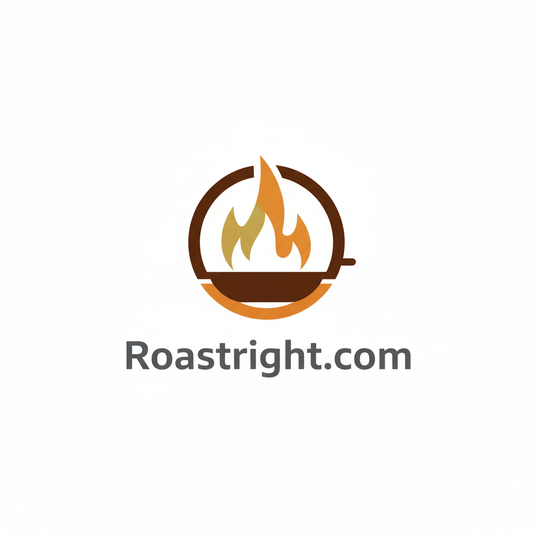 Logo of Roastright.com featuring a flame design on a white background