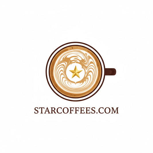 Logo of a coffee cup with a star in the foam on a white background, featuring the text 'STARCOFFEES.COM'.