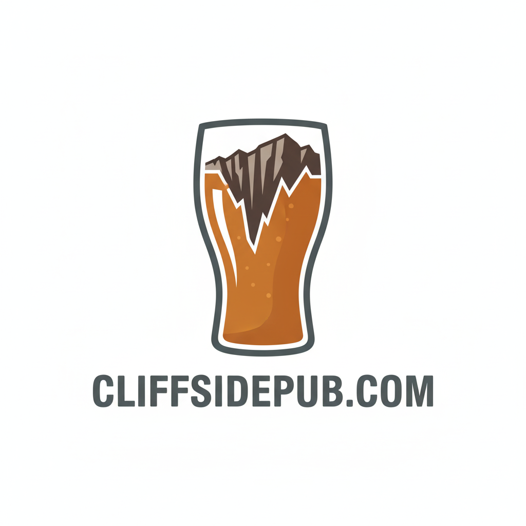 Logo of a beer glass with a mountain on top and 'CLIFFSIDEPUB.COM' text below on a white background.
