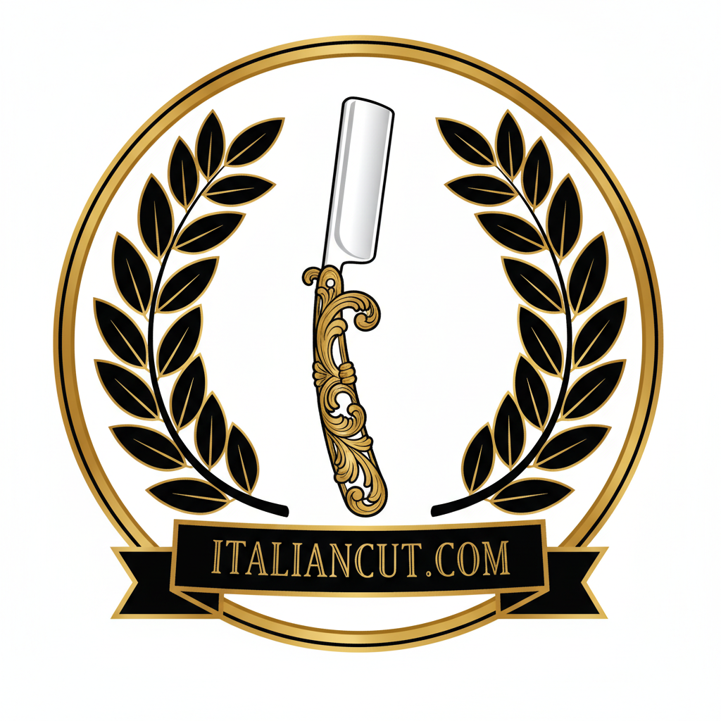 Logo with a straight razor and laurel wreath, featuring 'ItalianCut.com' on a white background.