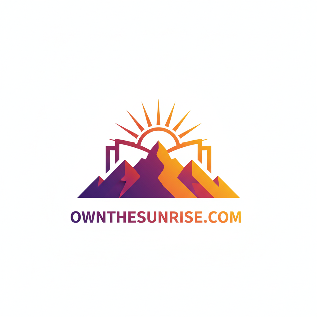 Logo with mountains and sun, featuring the text 'OWNTHESUNRISE.COM'.