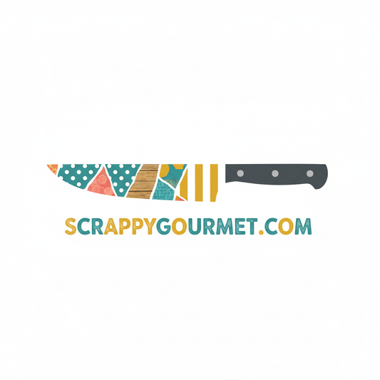Colorful knife-shaped logo with 'ScrappyGourmet.com' text on a white background