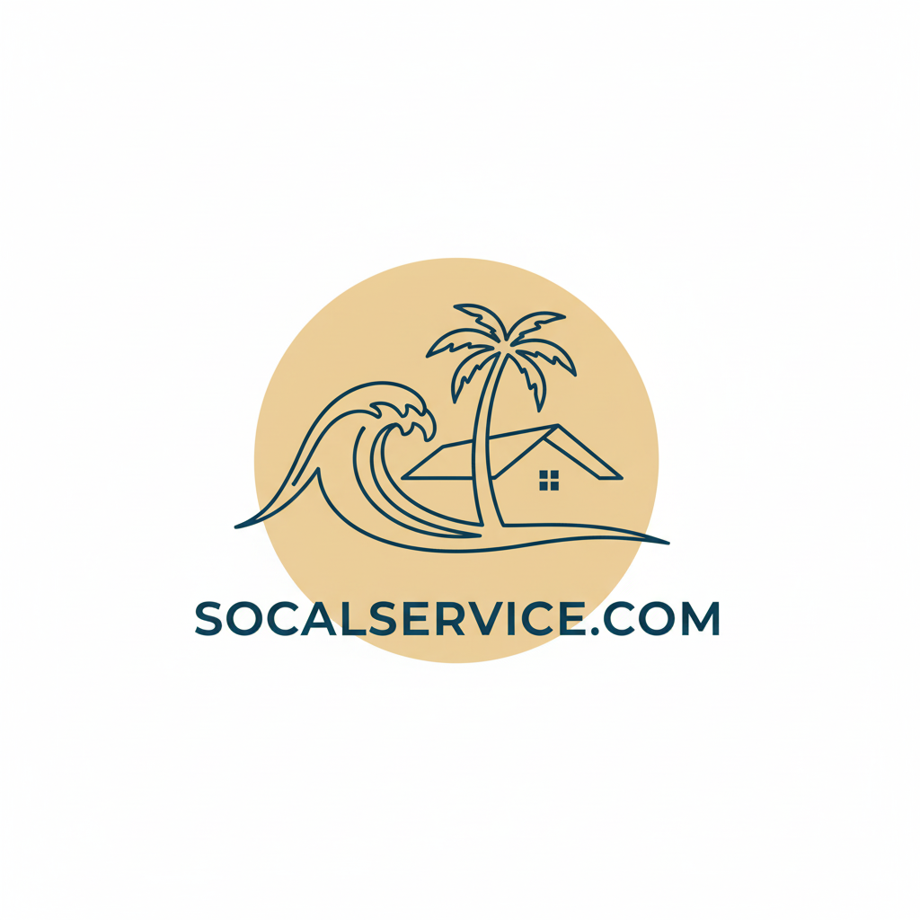 Logo with a wave, palm tree, and house on a beige circle with 'socalservice.com' text.