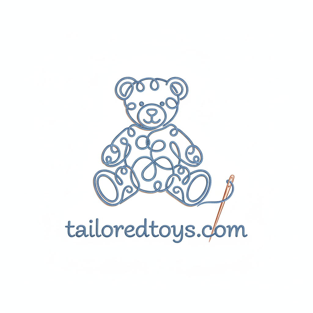 Decorative teddy bear outline with a needle and 'tailoredtoys.com' text on a white background
