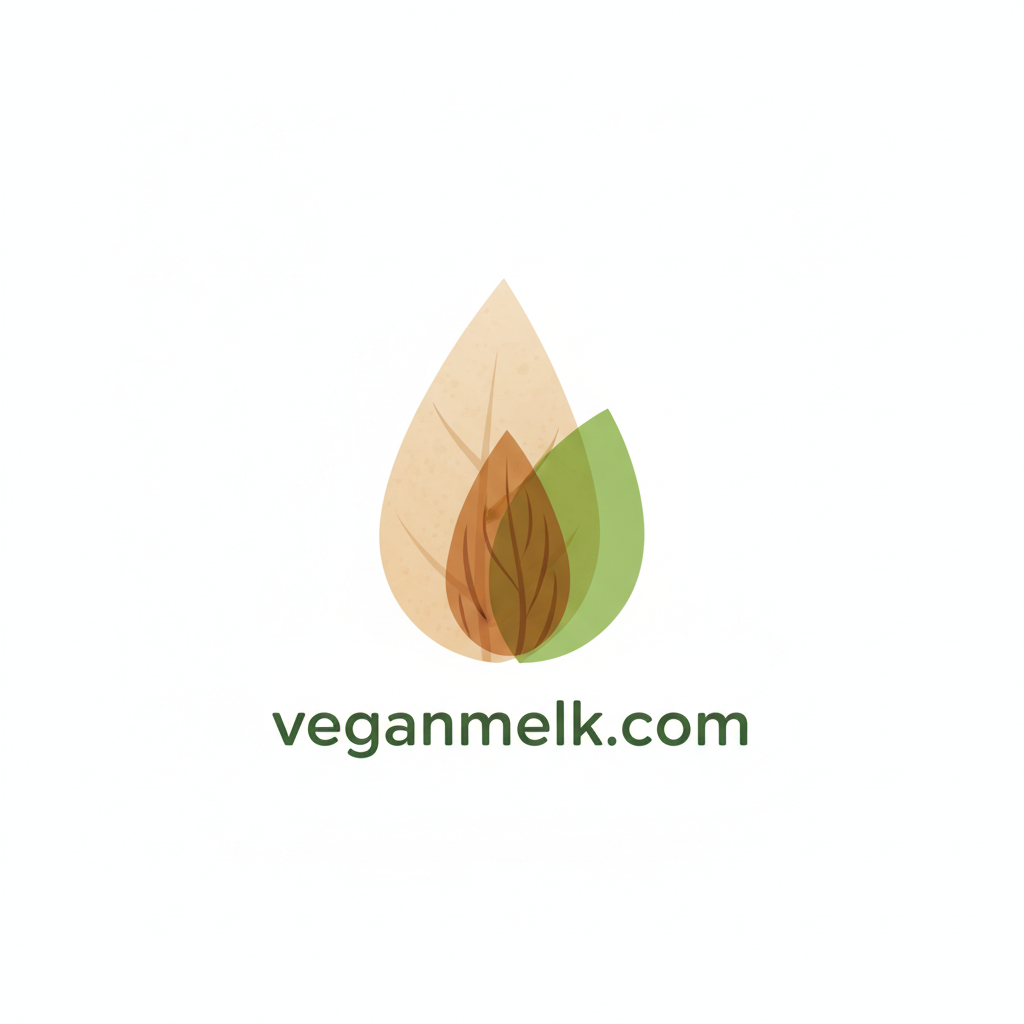 Logo with stylized leaves and 'veganmelk.com' text on a white background