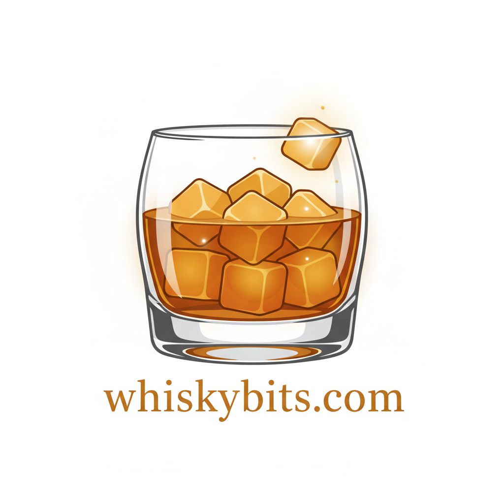 Glass of whisky with ice cubes and 'whiskybits.com' text on a white background